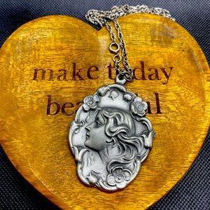 Art Deco Pewter Pendant 2 1/4 inches Girl With Flowers 1930s With Chain Vintage